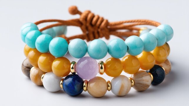 Beaded Bracelet Stack: A collection of artisanal beaded bracelets, showcasing a harmonious blend of turquoise, amber, and lapis lazuli stones, accented with gold beads.