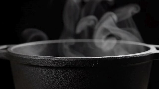 Macro Cast Iron Cauldron Releases Wisps Of Steam Against Dark Background.