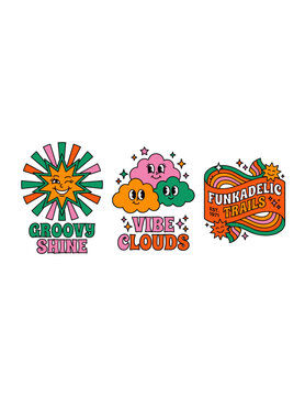 Retro Groovy Hippie Stickers Collection with Funky Sun and Cute Clouds Illustrations.