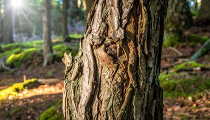 Fototapeta premium Intricate Tree Bark Texture in a Sunlit Forest Setting, Showcasing Natural Wood Detail