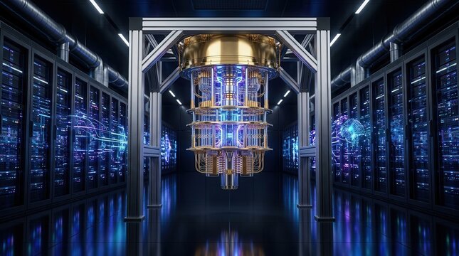 Advanced quantum server network featuring a central quantum computer machine.