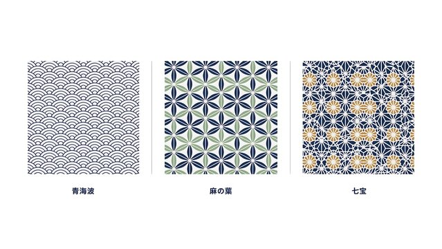 Three traditional Japanese patterns featuring geometric wave leaf and circular motifs in blue and white colors
