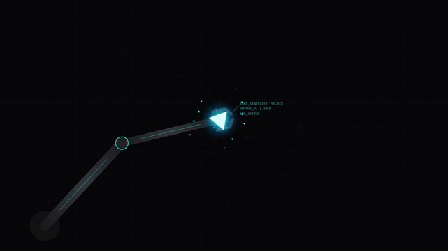 Futuristic robotic arm with glowing blue triangular interface and data display on dark background