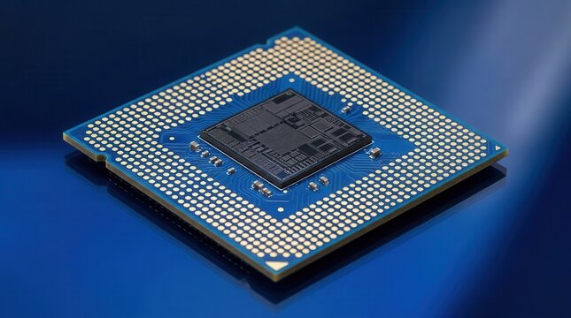Close-up of a high-tech semiconductor chipset used in electronic manufacturing.