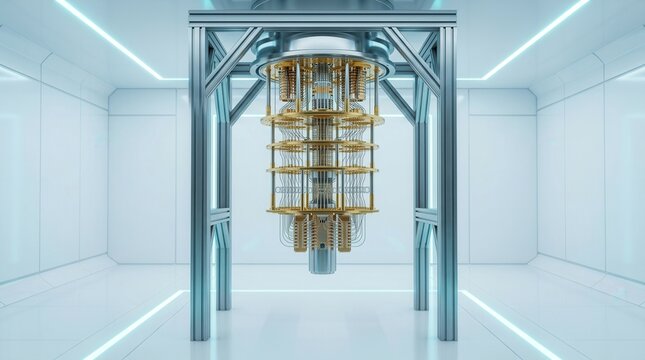 A high-tech quantum computer processor inside a modern science laboratory.