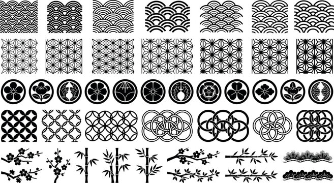Japanese traditional patterns, mon crests, and botanical elements including bamboo and plum blossoms for graphic design