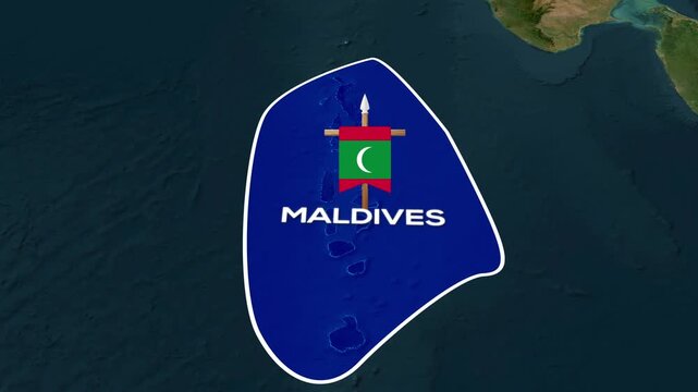 Maldives country map with floating national flag in motion video footage