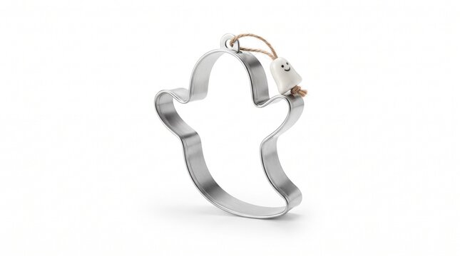 Ghost cookie cutter for Halloween baking, stainless steel ghost shape with small charm, spooky kitchen tool on white background