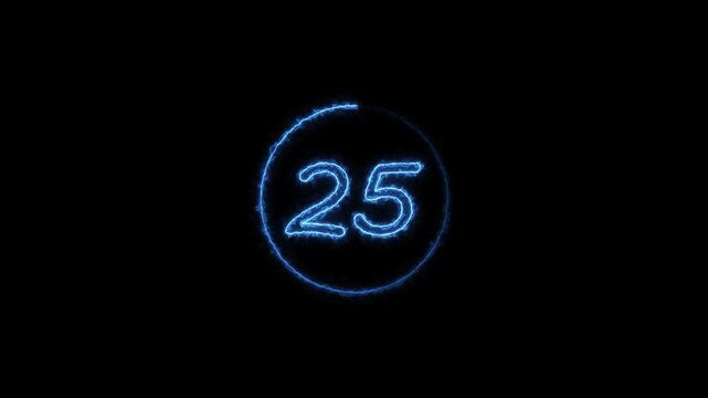 Neon bright countdown timer from 30 to 0 seconds blue color animation. Simple 30 seconds countdown timer with dashed circle black background 4k video.