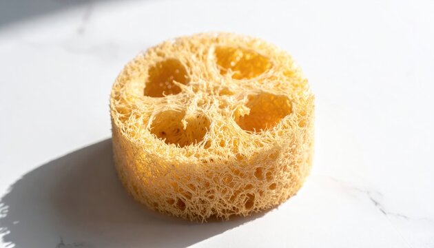 A natural loofah sponge showcasing its intricate porous texture and organic fibers