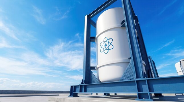 A futuristic small modular reactor (SMR) power plant component in a bright outdoor setting.