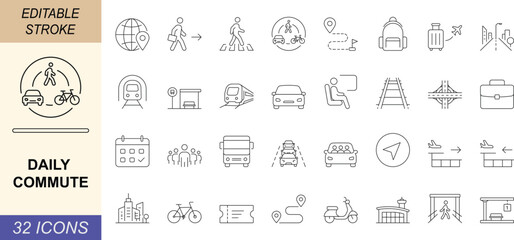 Daily commute line icon set. Featuring urban transit, public transport, metro train, bus, traffic, passenger, mobility, and travel vector symbols. Editable stroke. © Md