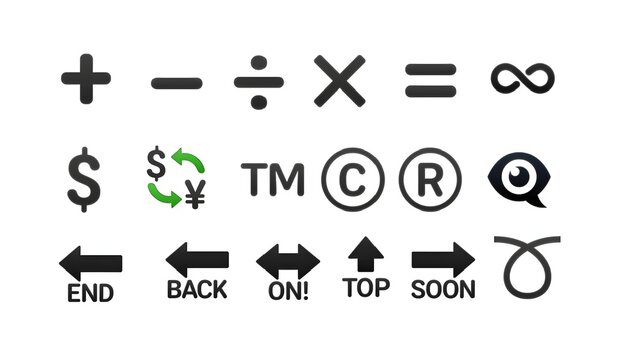 Set of universal black mathematical, currency, trademark, copyright, registered, navigation, infinity and astrology symbols, clean bold vector icon collection, isolated on white backgrounds.