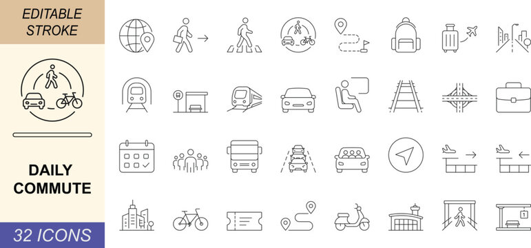 Daily commute line icon set. Featuring urban transit, public transport, metro train, bus, traffic, passenger, mobility, and travel vector symbols. Editable stroke.