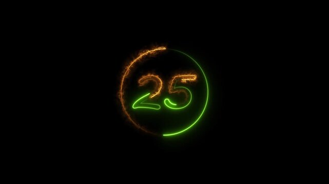 Neon bright countdown timer from 30 to 0 seconds green color animation. Simple 30 seconds countdown timer with dashed circle black background 4k video.