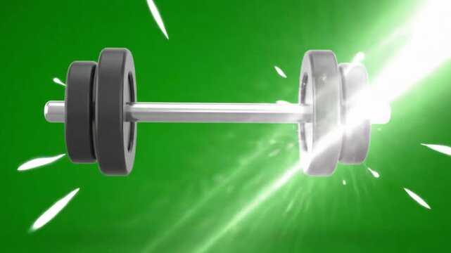 Slow motion closeup of dumbbell collision and rebound on green screen
