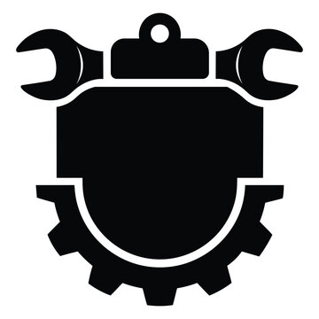 Professional technician service shield with tools and gear for construction engineering company logo art