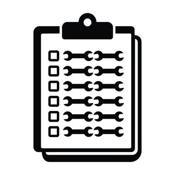 Black and white clipboard with wrench checklist for mechanical maintenance and repair service report