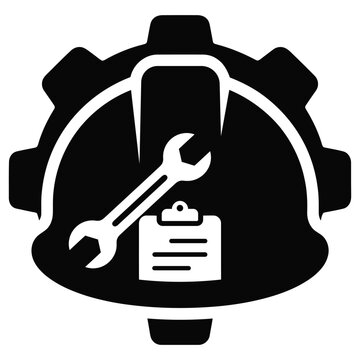 Safety badge with helmet gear and wrench checklist for technical maintenance management logo icon