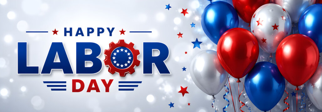 Happy Labor Day greeting banner. Festive design with helium balloons in national colors of american flag and pattern of stars. USA banner for sale, discount, advertisement, web. Place for text