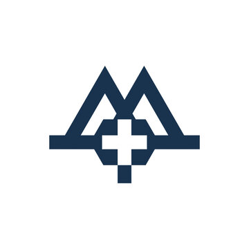 Minimalist Mountain Medical Logo Icon with Healthcare Cross Sign