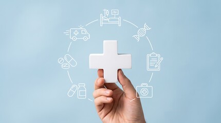 Obraz premium Hand holding a white cross symbol with healthcare and medical icons around