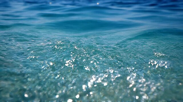 Close up of a clear blue ocean wave rolling with sunlight