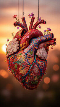 coraz&oacute;n anat&oacute;mico, coraz&oacute;n humano, anatom&iacute;a, &oacute;rgano humano, bordado, hilo, tejido, arte textil, artesan&iacute;a, costura, bordado floral, flores, flores peque&ntilde;as, naturaleza, plantas, hojas, dise&ntilde;o artesana