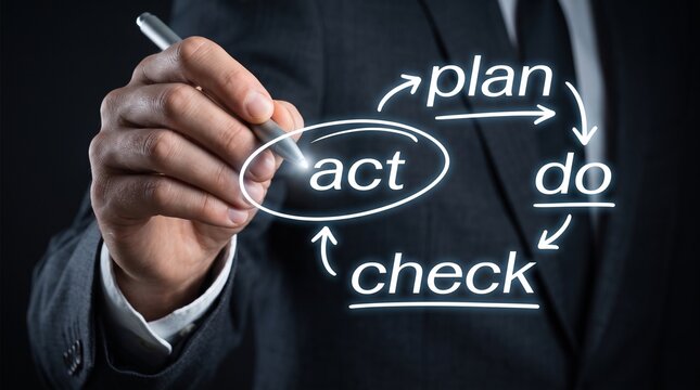 Businessman drawing a cycle process diagram with plan do check and act steps on a dark background with person suit