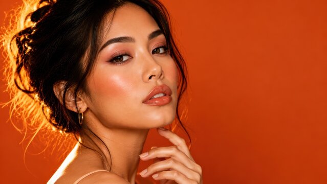 Closeup portrait of woman with dark hair, glossy makeup and confident gaze posing against vivid orange background, touching her neck, concept of beauty, fashion, cosmetics and self expression