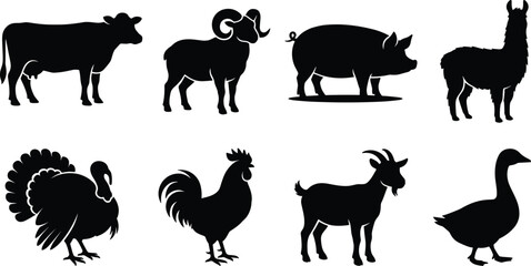 Naklejka premium Vector collection of domestic farm animal and poultry silhouettes isolated on white background