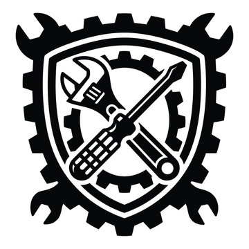 Black and white mechanic shield emblem with crossed wrench screwdriver and gear for repair service logo