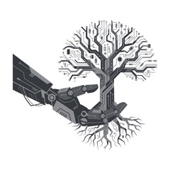 Naklejka premium Robotic hand holding a tree made of circuit boards