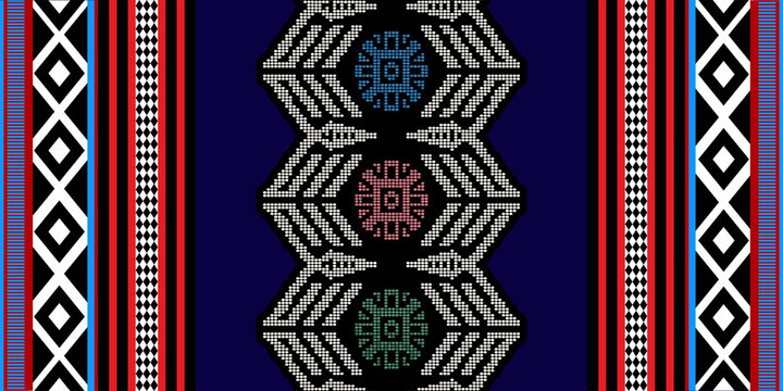Abstract Ikat Inspired Geometric Textile Pattern in Blue Purple and Gold