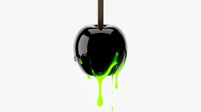 A glossy black candy apple with vibrant green dripping syrup isolated on white background