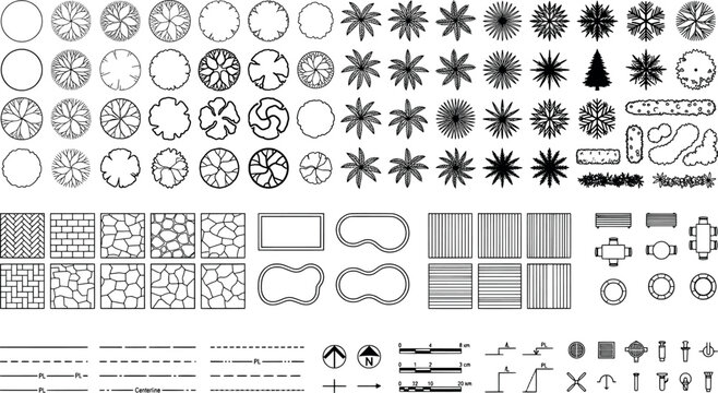 Set of architectural landscape design elements, trees, paving textures, and site plan symbols for professional drafting and planning