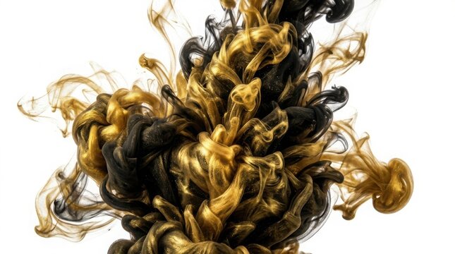 Abstract swirl of black and gold metallic ink isolated on white background