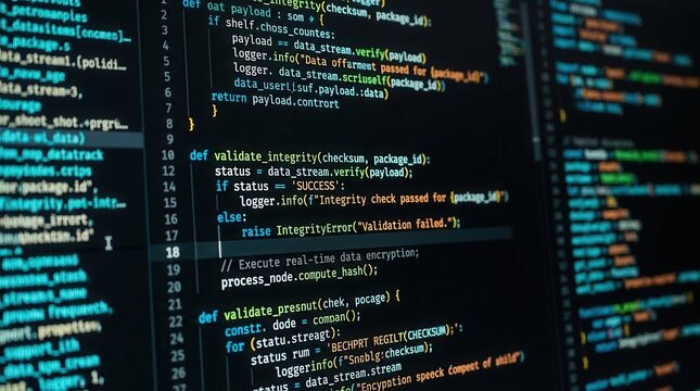 Computer script and cybersecurity data processing showing software development in a high tech environment.