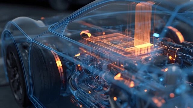 High performance electric vehicle battery module with glowing orange energy pulse in transparent car chassis (AI Generated)