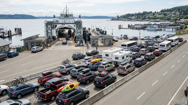 Busy ferry terminal with cars queuing for transport across a busy waterway