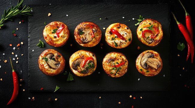 Eight savory mini quiches, some with mushrooms and others with red peppers, are arranged on a dark slate serving board, garnished with fresh herbs and chili peppers