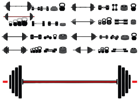 Gym fitness barbell and weights silhouette vector set