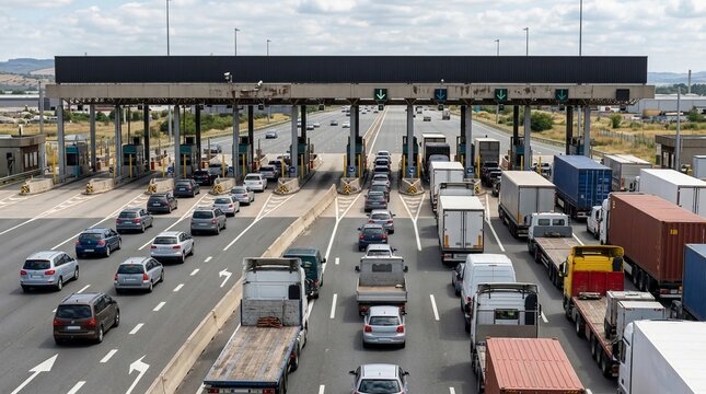 Busy highway toll plaza experiencing significant traffic congestion with numerous vehicles queuing for passage.