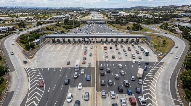 Busy highway traffic jam at a modern toll plaza with multiple lanes and vehicles during the day