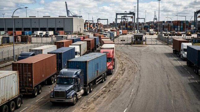 Busy port access road filled with semi-trucks and shipping containers, showcasing global trade operations.