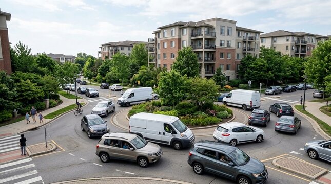 Busy roundabout traffic jam with cars and vans near residential buildings on a cloudy day