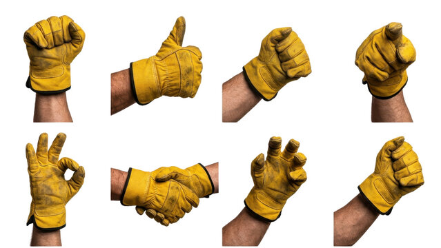 Hand gestures in yellow work glove isolated on transparent background