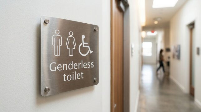 A modern stainless steel genderless toilet sign located in a bright building hallway.