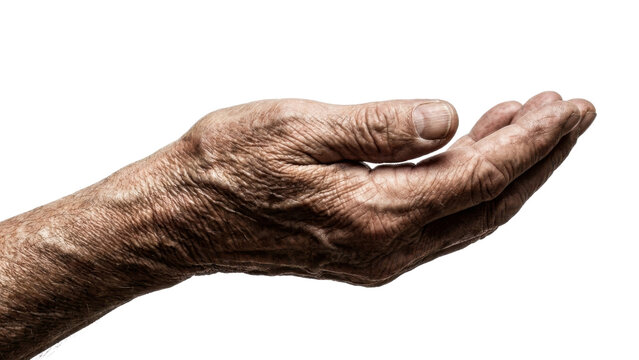 Detailed close-up of aged male hand palm open isolated on transparent background