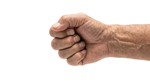Male hand showing closed fist isolated on transparent background sideways view